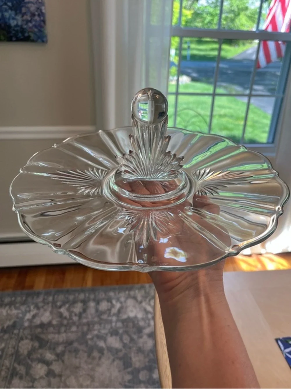 Vintage Fostoria Glass Art Deco FLAME Pattern Handled Lunch Tray Platter